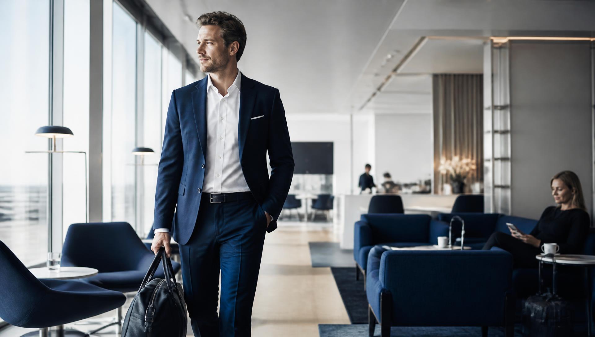 Executive in a modern airport lounge representing premium business travel consulting